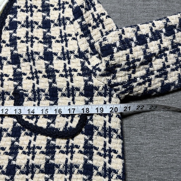 Tongse Studio Navy Cream Tweed Cotton Blend Jacket Medium Lined Open Front - Picture 6 of 10